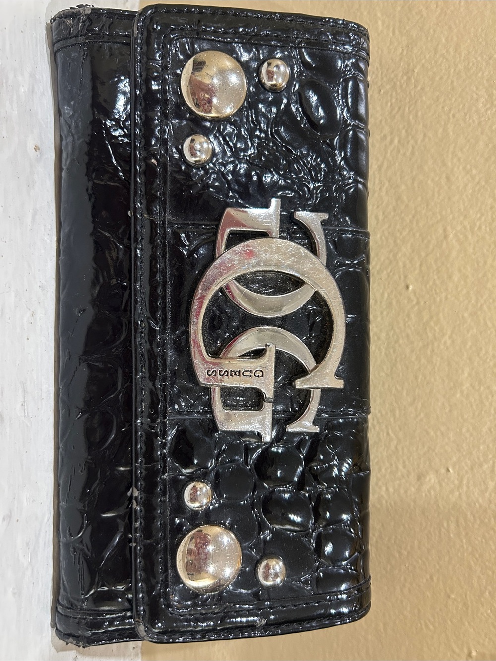 Guess Black Patent Croc-Embossed Wallet with Silver Hardware